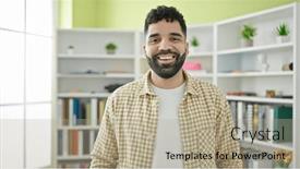  Presentation with university library - Slides consisting of young-hispanic-man-student-smiling background and a mint green colored foreground