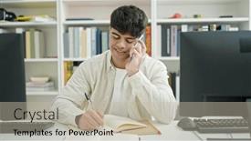  Presentation with writing notes - Presentation theme featuring young-hispanic-man-student-talking background and a mint green colored foreground