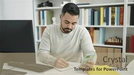  Presentation with student writing - Presentation design having young-hispanic-man-student-using background and a coral colored foreground