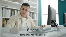  Presentation with student writing - Slide deck enhanced with young-hispanic-man-student-using background and a light gray colored foreground