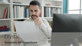  Presentation with university library - Presentation theme having young-hispanic-man-student-using background and a light gray colored foreground