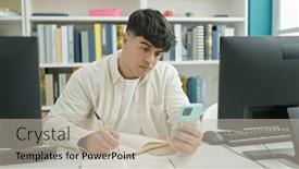  Presentation with writing notes - Presentation theme enhanced with young-hispanic-man-student-using background and a mint green colored foreground