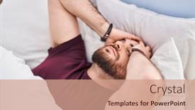  Presentation with insomnia - Presentation design with young-hispanic-man-suffering-insomnia background and a coral colored foreground