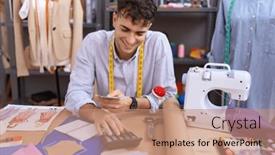  Presentation with counting - Presentation theme having young-hispanic-man-tailor-counting background and a coral colored foreground