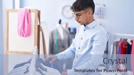  Presentation with clothes shop - Slide set consisting of young-hispanic-man-tailor-holding background and a light blue colored foreground