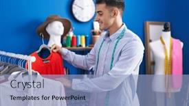  Presentation with sewing - PPT layouts having young-hispanic-man-tailor-holding background and a light blue colored foreground