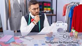  Presentation with clothing - Slides featuring young-hispanic-man-tailor-looking background and a light blue colored foreground