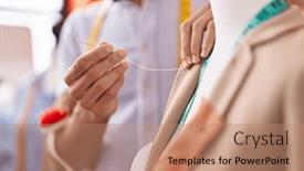  Presentation with sewing - PPT theme with young-hispanic-man-tailor-sewing and a coral colored foreground