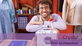  Presentation with sewing machine - Slide set with young-hispanic-man-tailor-smiling background and a light blue colored foreground