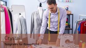  Presentation with design - Presentation theme enhanced with young-hispanic-man-tailor-smiling background and a tawny brown colored foreground