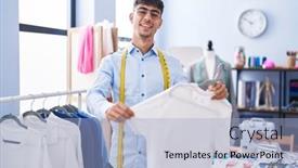  Presentation with clothes shop - Presentation theme having young-hispanic-man-tailor-smiling background and a light blue colored foreground