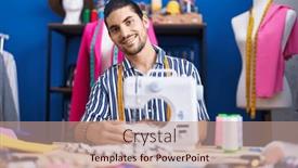  Presentation with sewing machine - Presentation with young-hispanic-man-tailor-smiling background and a coral colored foreground