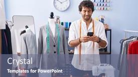  Presentation with clothing factory - Presentation theme with young-hispanic-man-tailor-smiling background and a ocean colored foreground