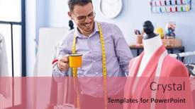  Presentation with coffee shop - Slide set with young-hispanic-man-tailor-smiling background and a coral colored foreground