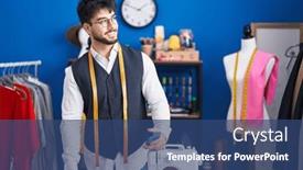  Presentation with sewing - PPT theme featuring young-hispanic-man-tailor-smiling background and a ocean colored foreground