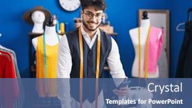  Presentation with sewing - PPT theme consisting of young-hispanic-man-tailor-smiling background and a ocean colored foreground