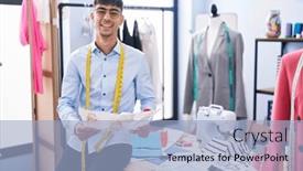  Presentation with clothing - Presentation theme featuring young-hispanic-man-tailor-smiling background and a light blue colored foreground