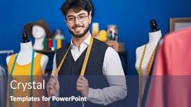  Presentation with sewing - PPT theme enhanced with young-hispanic-man-tailor-smiling background and a ocean colored foreground