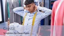  Presentation with machine shop - Presentation having young-hispanic-man-tailor-stressed background and a light blue colored foreground