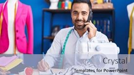  Presentation with sewing - Theme enhanced with young-hispanic-man-tailor-talking background and a light blue colored foreground