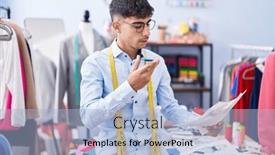  Presentation with clothing - Presentation design having young-hispanic-man-tailor-talking background and a light blue colored foreground