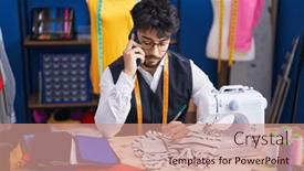  Presentation with sewing - PPT theme having young-hispanic-man-tailor-talking background and a coral colored foreground