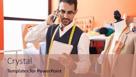  Presentation with notebook - PPT theme with young-hispanic-man-tailor-talking background and a coral colored foreground