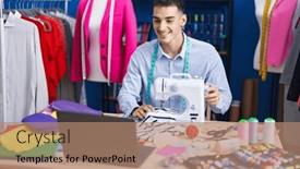  Presentation with sewing machine - Slides enhanced with young-hispanic-man-tailor-using background and a coral colored foreground