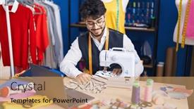  Presentation with sewing machine - PPT layouts having young-hispanic-man-tailor-using background and a coral colored foreground