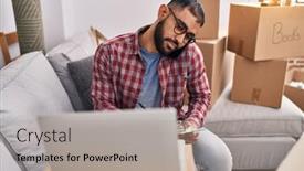  Presentation with new home - Presentation theme enhanced with young-hispanic-man-talking background and a light gray colored foreground