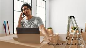  Presentation with new home - PPT theme featuring young-hispanic-man-talking background and a coral colored foreground