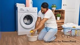 Presentation with laundry room - Theme having young-hispanic-man-talking background and a coral colored foreground