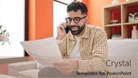  Presentation with smartphone - PPT layouts with young-hispanic-man-talking and a coral colored foreground