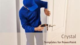  Presentation with man door - Presentation theme consisting of young-hispanic-man-technician-repairing background and a lemonade colored foreground