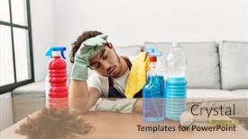  Presentation with tired - PPT theme consisting of young-hispanic-man-tired-leaning background and a coral colored foreground