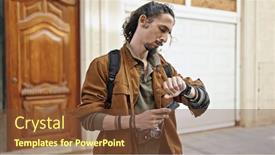  Presentation with tourist - Presentation theme consisting of young-hispanic-man-tourist-using background and a tawny brown colored foreground