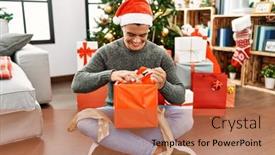  Presentation with christmas tree - Slides having young-hispanic-man-unpacking-gift background and a coral colored foreground