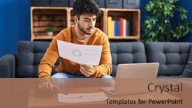  Presentation with calculator - Presentation theme with young-hispanic-man-using-calculator background and a coral colored foreground