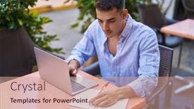  Presentation with coffee shop - Slides enhanced with young-hispanic-man-using-laptop background and a  colored foreground