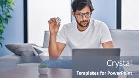  Presentation with bitcoin - PPT theme featuring young-hispanic-man-using-laptop background and a gray colored foreground