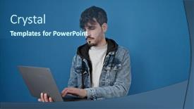  Presentation with laptop - Slide deck having young-hispanic-man-using-laptop background and a ocean colored foreground