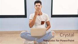  Presentation with laptop - PPT theme featuring young-hispanic-man-using-laptop and a soft green colored foreground