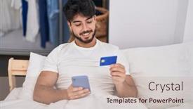  Presentation with credit card - Presentation featuring young-hispanic-man-using-smartphone background and a mint green colored foreground