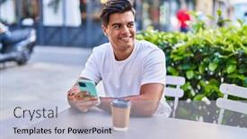  Presentation with coffee shop - Slide deck consisting of young-hispanic-man-using-smartphone background and a lemonade colored foreground