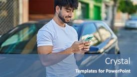  Presentation with smartphone - PPT theme having young-hispanic-man-using-smartphone background and a  colored foreground