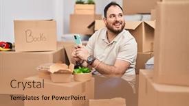  Presentation with food delivery - Presentation theme having young-hispanic-man-using-smartphone background and a coral colored foreground