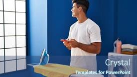  Presentation with ironing - Presentation theme enhanced with young-hispanic-man-using-smartphone background and a ocean colored foreground