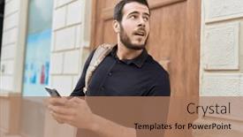  Presentation with backpack - Presentation theme featuring young-hispanic-man-using-smartphone background and a coral colored foreground