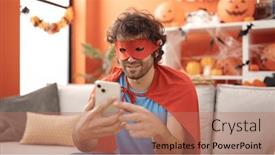  Presentation with smartphone - Presentation theme consisting of young-hispanic-man-using-smartphone and a coral colored foreground