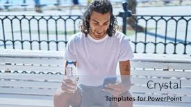  Presentation with bottle water - PPT layouts having young-hispanic-man-using-smartphone background and a light blue colored foreground